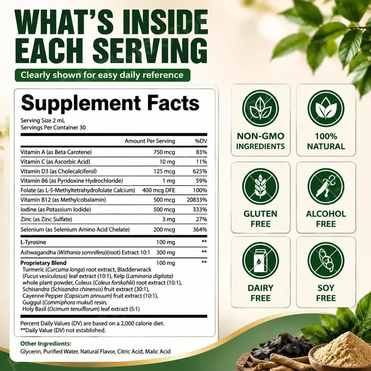 Thyroid Support Liquid Drops with Iodine Selenium Zinc Ashwagandha & L-Tyrosine for Healthy Metabolism Energy Support 60ml