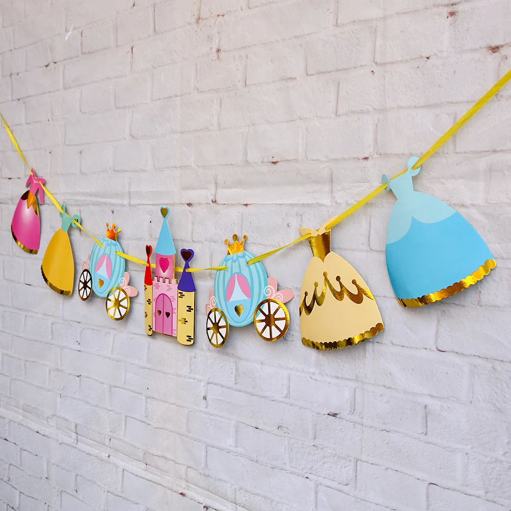 Childrens Birthday Princess Flag Pulling Castle Pumpkin Car Garland Room Party Raising Wedding Hundred Day Banner view 3