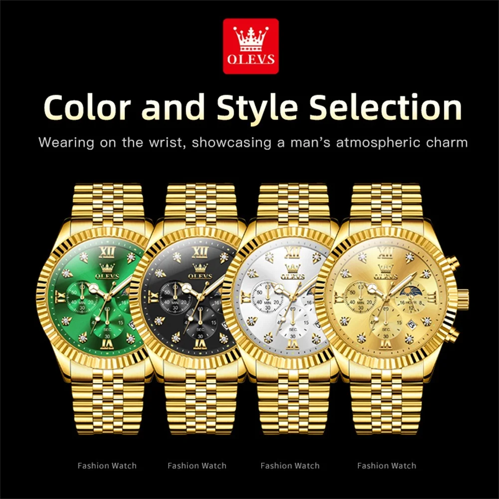 OLEVS 2932 Mens Watch Original Brand Luxury Calendar Quartz Watch Moon Phase Multifunctional Chronograph Watch For Man Gifts
