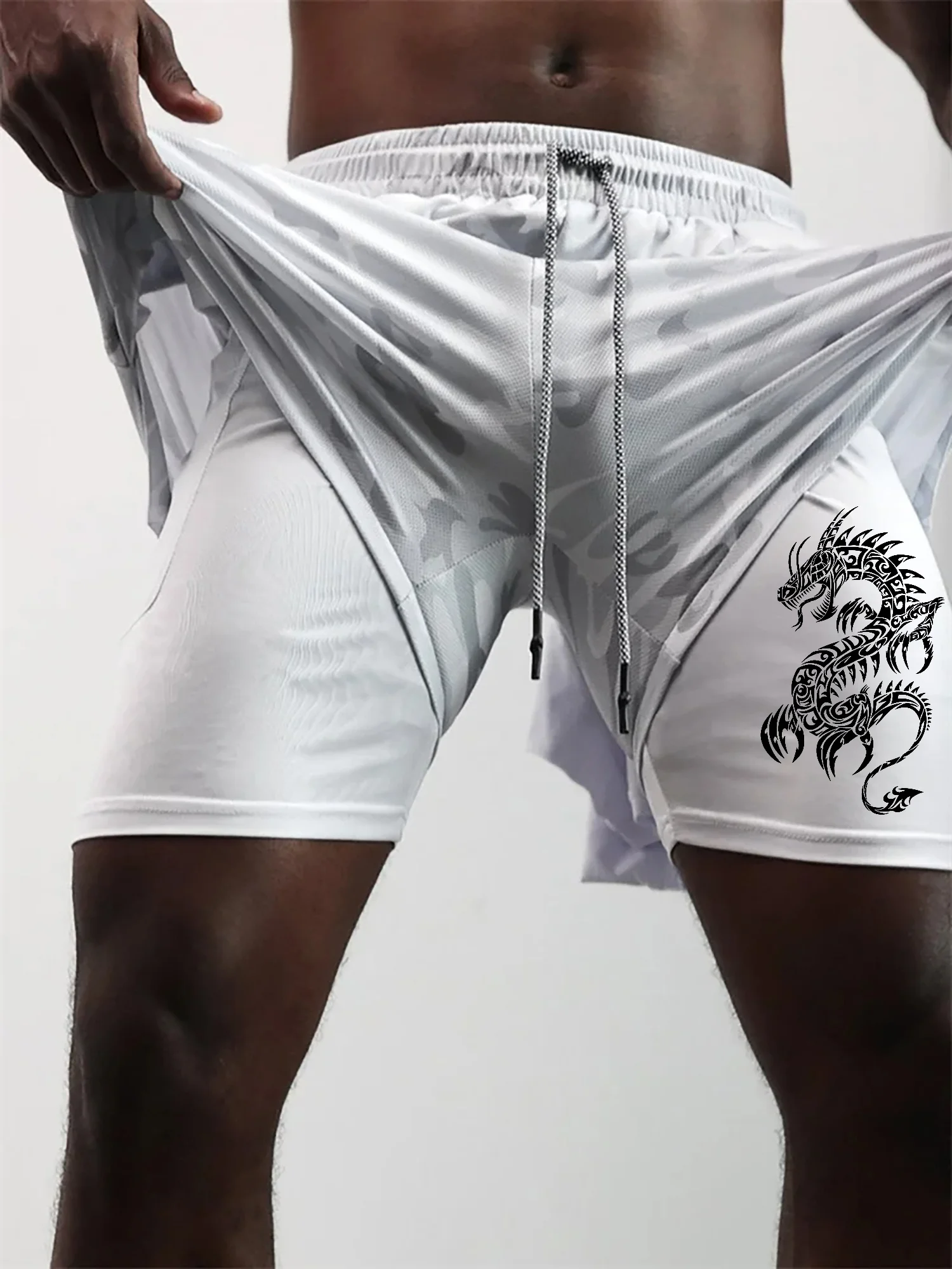 Men's Dragon Print Double-Layer 2-in-1 Sports Shorts - Breathable Quick-Dry Workout Shorts