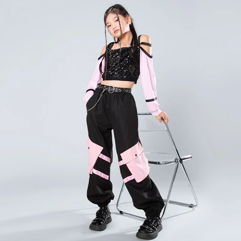 2024 Stage Outfits Girls Jazz Dance Black Suit  Top Cargo Pants Performance Kids Street Dance Hip Hop Walk Show Costume DQL10135