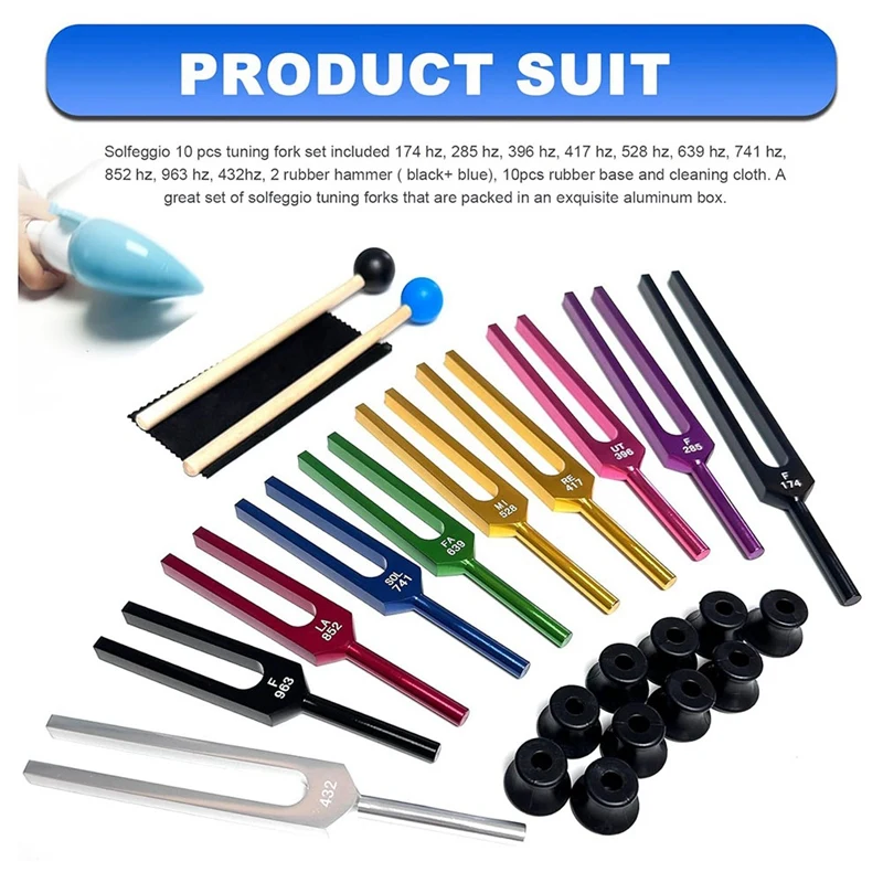 10 Piece Tuning Forks Set Unweighted Forks As Shown With Cleaning Cloth, Rubber Mallets And Aluminum Box