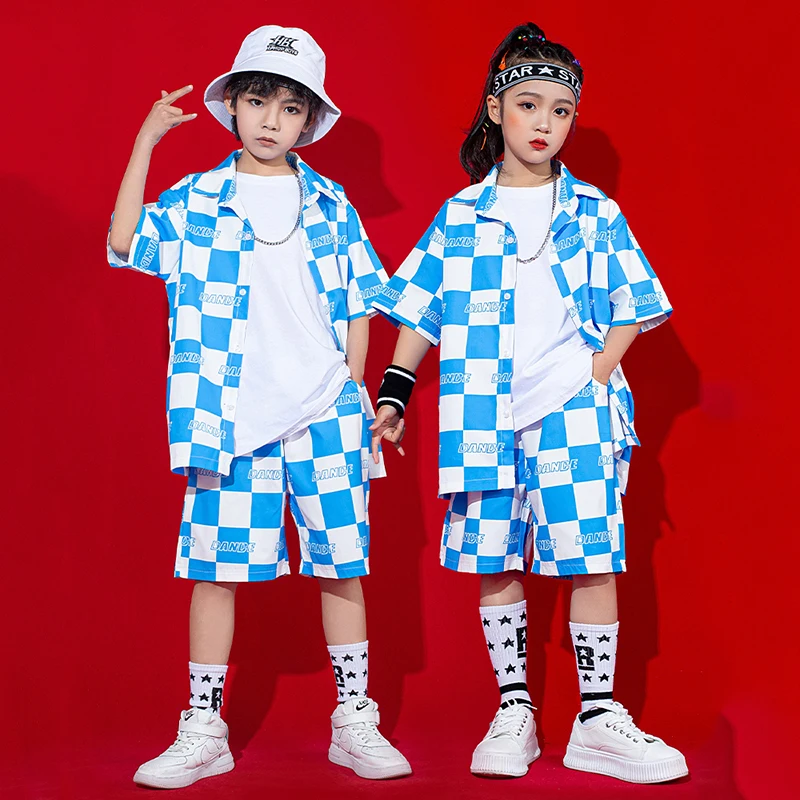 Vêtements d'été pour enfants filles, Costume Hip Hop pour garçons, chemises à treillis bleu, Shorts Kpop, tenue de spectacle de danse de rue, vêtements Rave BL8160, nouvelle collection