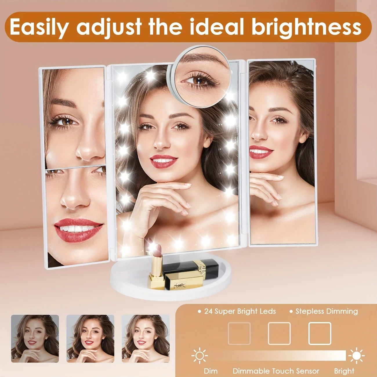 Espelho de vaidade led tela sensível ao toque espelho de maquiagem triplo dobrável iluminado 22 luz led 10x 3x 2x 1x ampliação espelho de vaidade