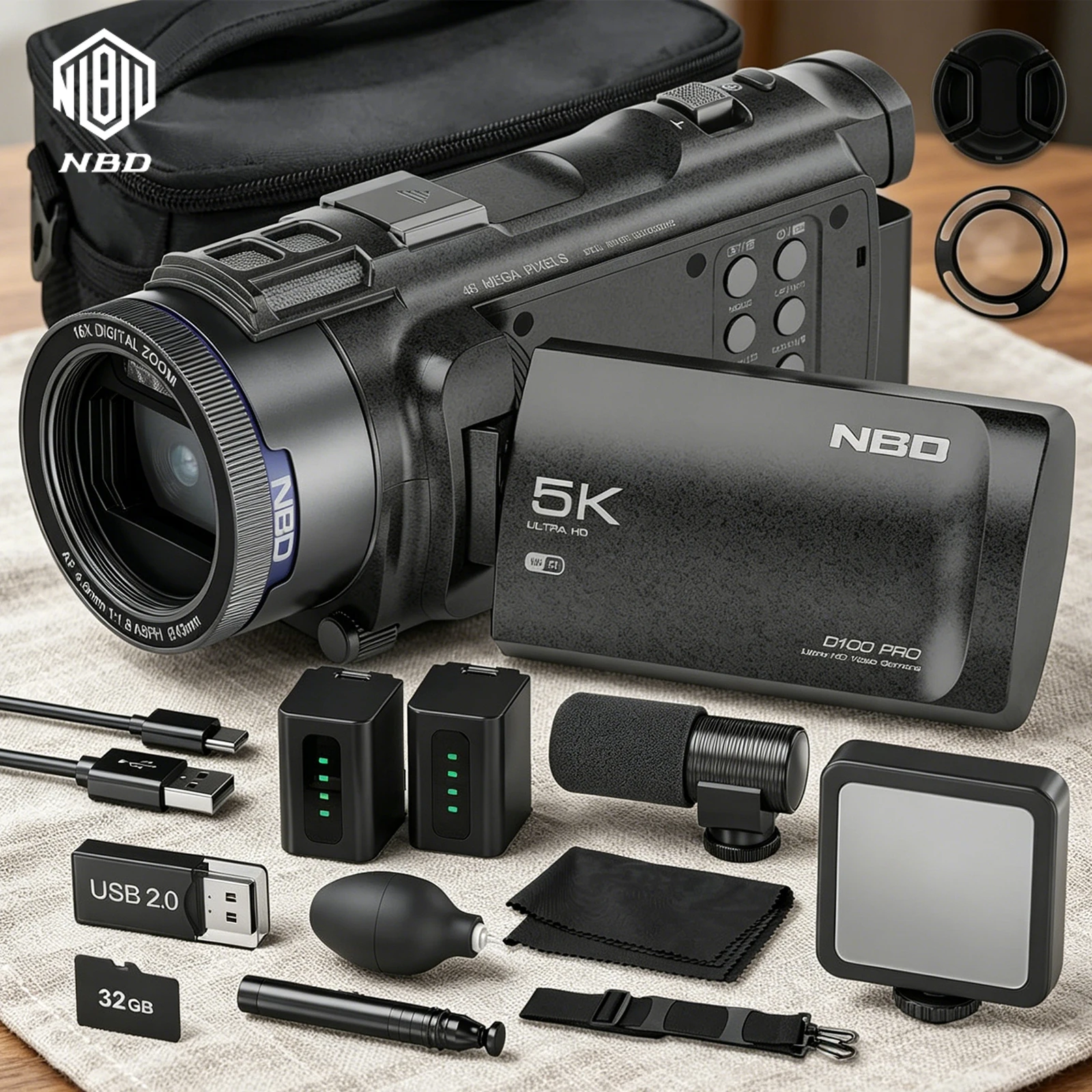 Tragbarer Camcorder mit Ergonomischem Design, 5K-Auflösung, Perfekt für Meetings und Alltagsaufnahmen, Doppelte Akkus für Lange Akkulaufzeit mit Klappbildschirm