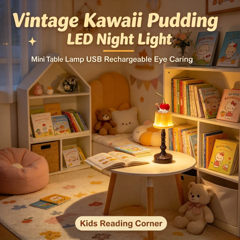Vintage Kawaii Pudding LED Night Light Mini Table Lamp USB Rechargeable Eye Caring Bedroom Bedside Ambience Gift for Friends
