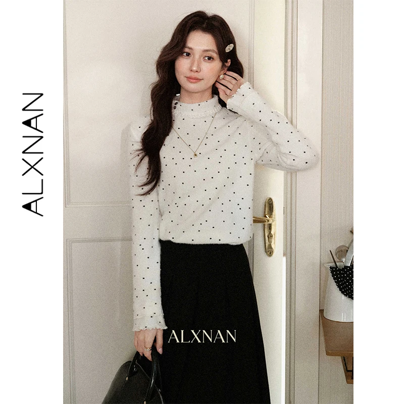 

ALXNAN Women's Pullover Winter Warm Slim-Fit Polka Dot Turtleneck Long Sleeve Sweater 2025 Fashion Elegant Ladies Top L59968