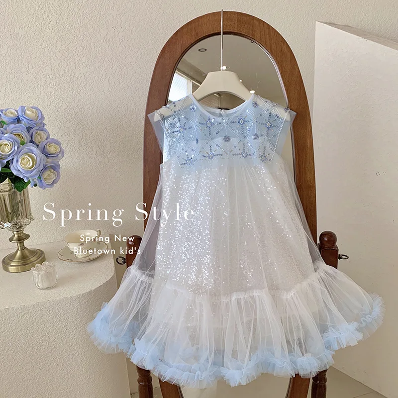 Girls Dress 2024 Summer New Blue Dress Birthday Dress Princess Skirt Baby Girl Sweet Cute Gentle Clothes