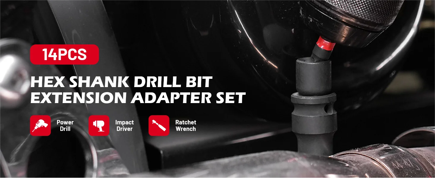 EZARC 14-teiliges Schlagschrauber-Adapter-Set 1/4" 3/8" 1/2" Vierkantantrieb Schnellverschluss Magnetischer Schwenkbarer Winkeladapter – Detail 1