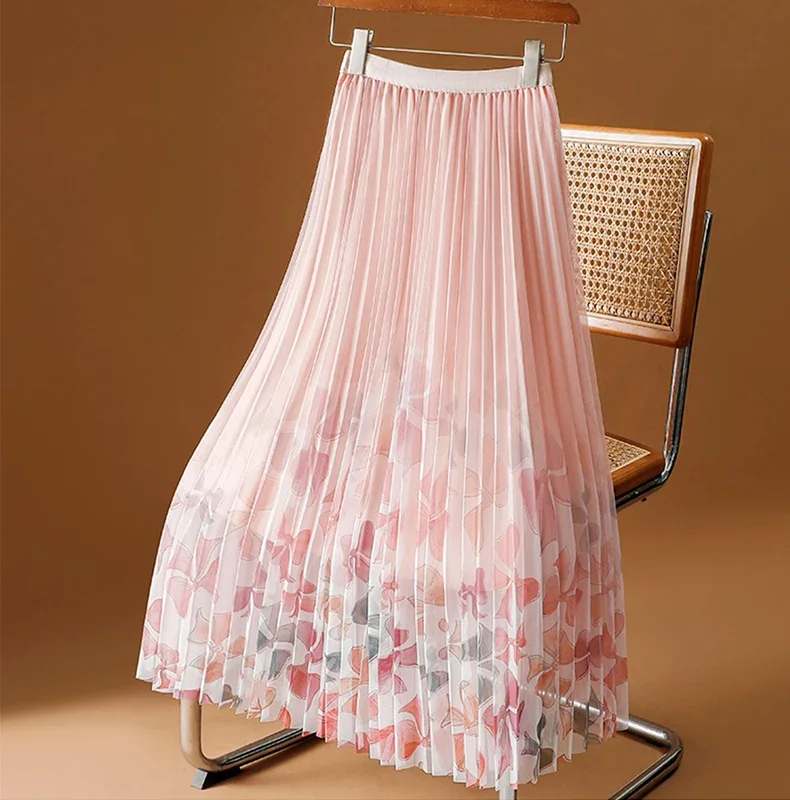 

Aesthetic Floral Print Long Tulle Skirt Women 2024 Spring Summer Korean Sweet A Line High Waist Pleated Mesh Skirt Female L546