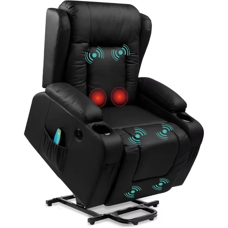 Leather Electric Power Lift Chair, for Back, Legs w/ 3 Positions, USB Port, Heat, Cupholders, Easy-to-Reach Side Button - Black