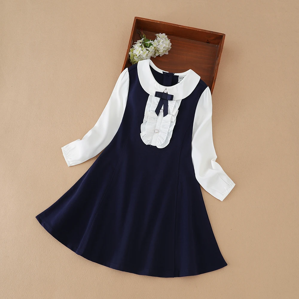 Girls Dresses 2024 Preppy Style Dresses Kids Ruffle Collar Long Sleeved Clothes Children Dresses with Bow for 5-12 Years