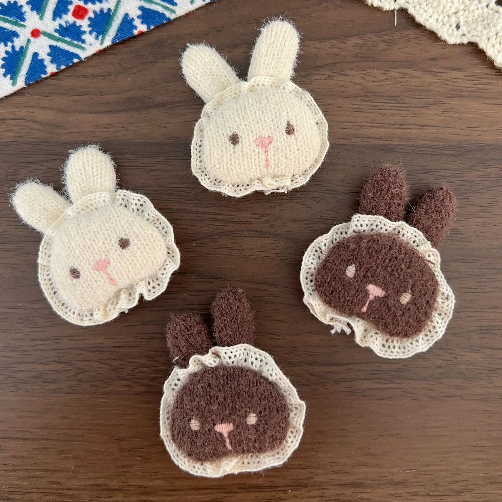 Brooch Pin Lace Trim Bunny Cotton Filled Beige Brown Children Hair Clip Accessory Spring Summer Cute Lightweight