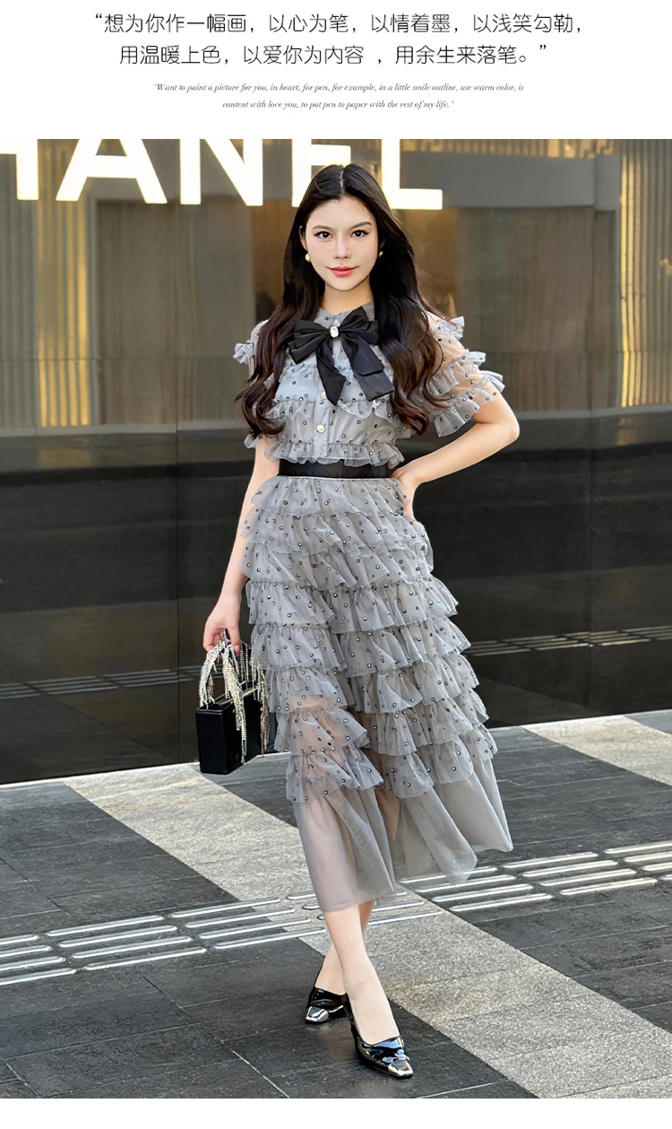 Polka Dot Flare แขนสั้นเพชร Maxi ชุดฤดูใบไม้ผลิและฤดูร้อนเอวสูง Multi Layered Ruffles Patchwork Vestidos