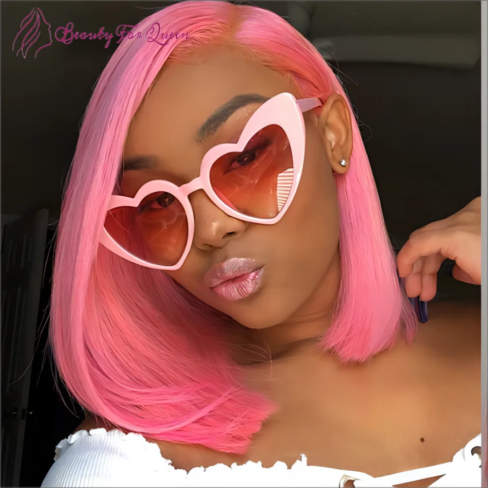 

200 Density Brazilian Colored Human Hair Wig 13x4 Light Pink Straight Short Bob Transparent HD Lace Frontal Wigs For Women