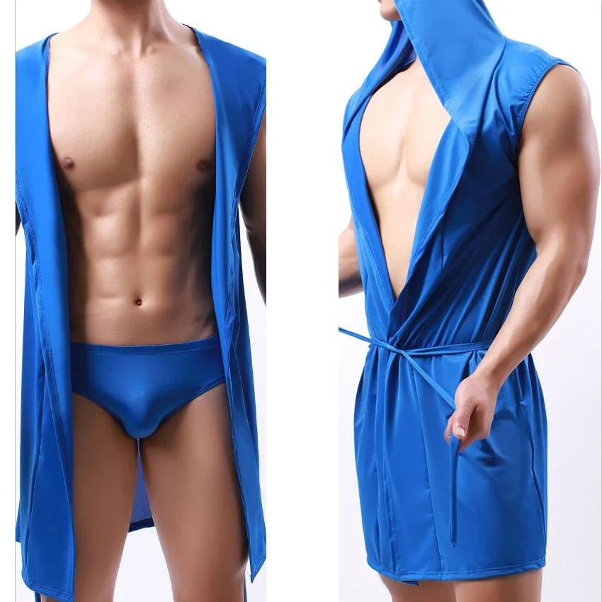 Men's Robes Summer Bathrobe Silky Hooded Sleeveless Bathrobe Sleepwear Pajamas Home Clothes