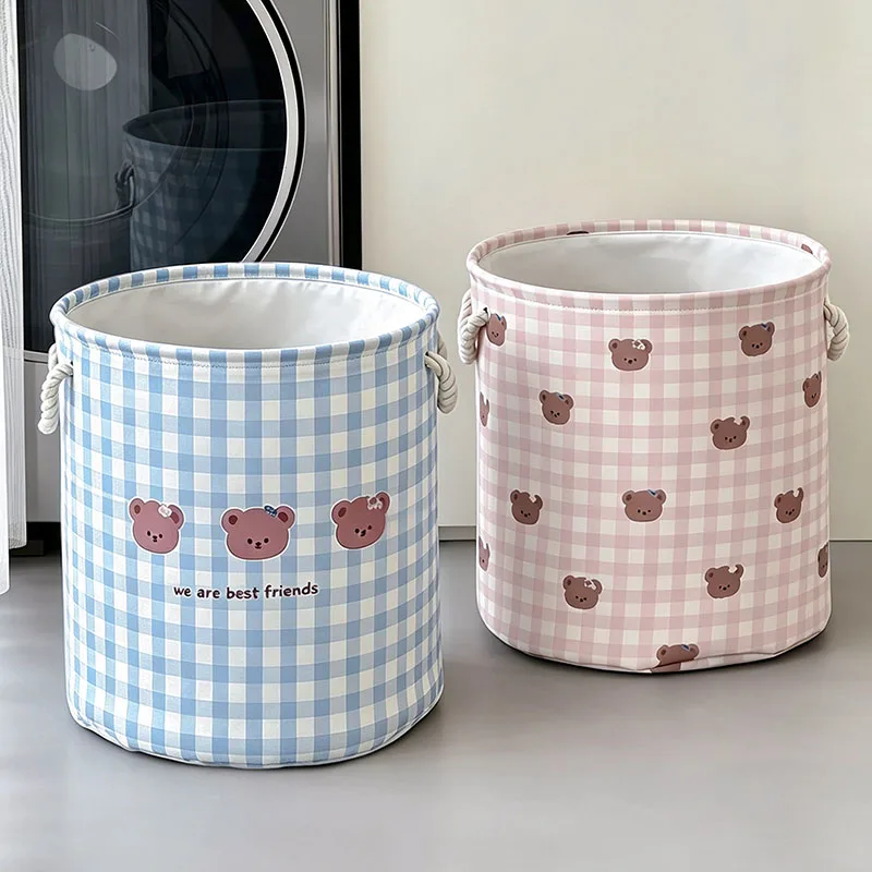 Cute Bear Plaid Round Laundry Basket Foldable Fabric Storage Hamper with Rope Handles