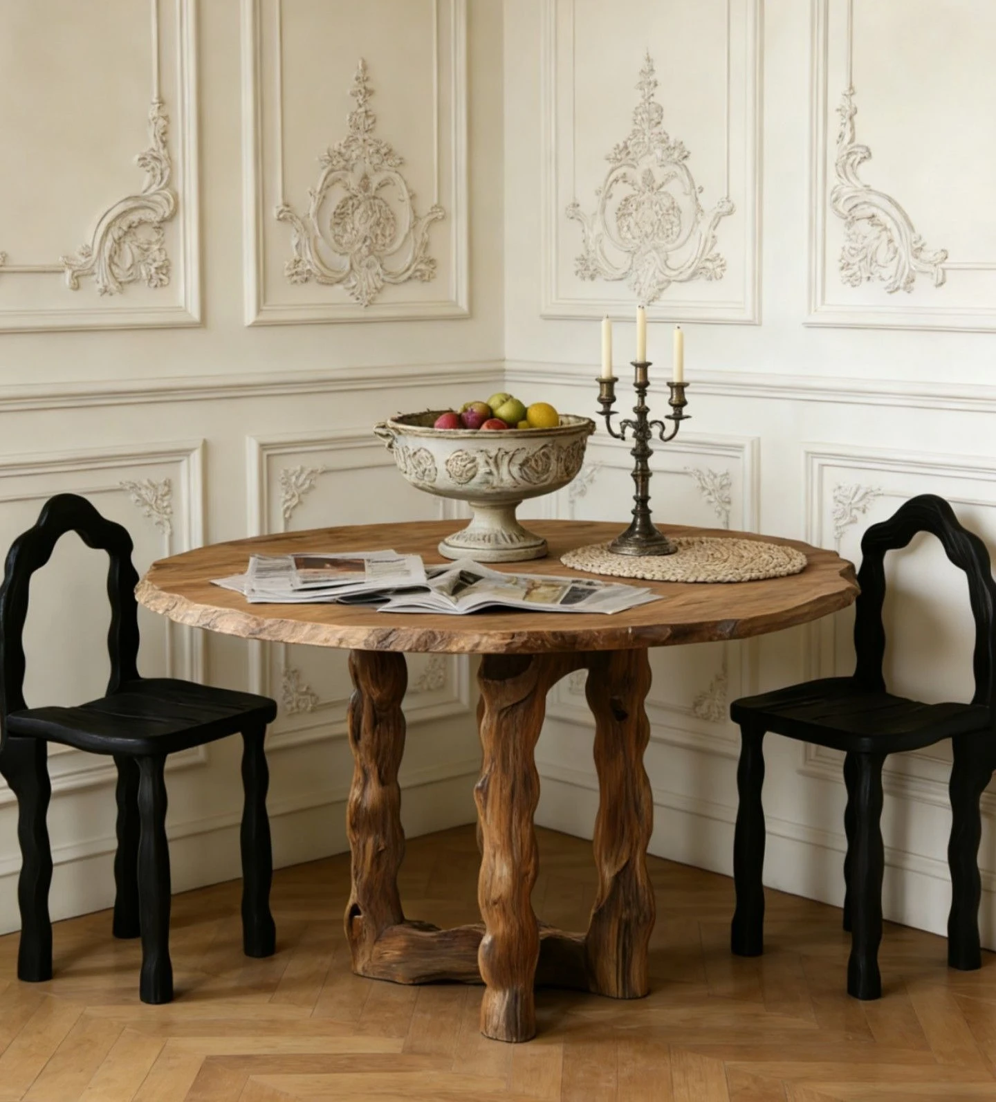 Solid wood round table and chair combination log color texture dining table and chair set