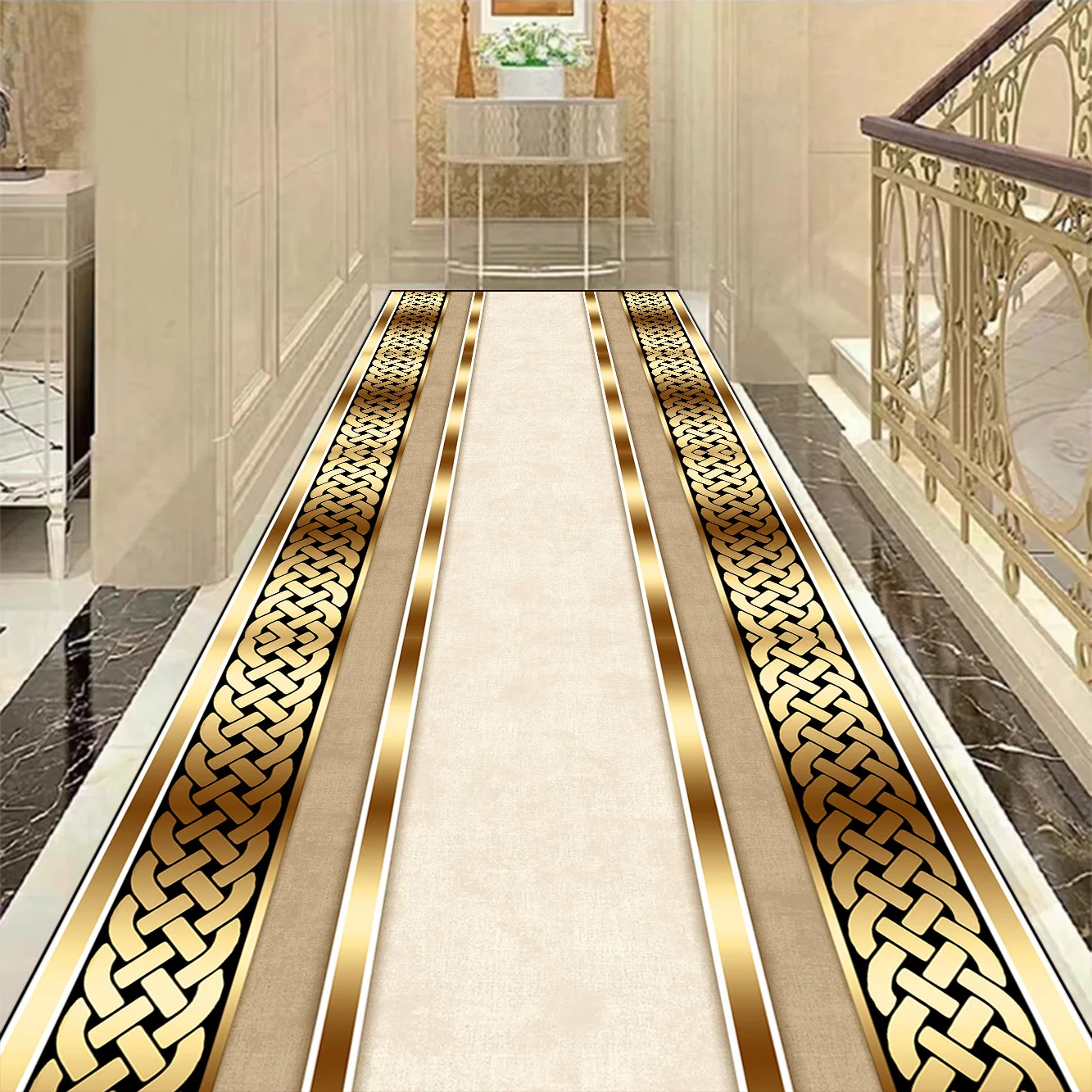 Golden Luxury Long Corridor Carpet Large Area Passageway Non-slip Rugs Washable Porch Entry Doormat Living Room Decoration Mats