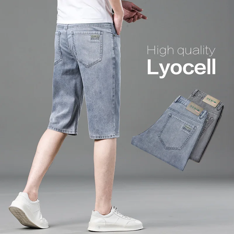 

Summer Thin Men's Denim Shorts Lyocell Fabric Loose Straight Leg Stretchy Cropped Jeans Short Casual Mid-Length Knee Pants