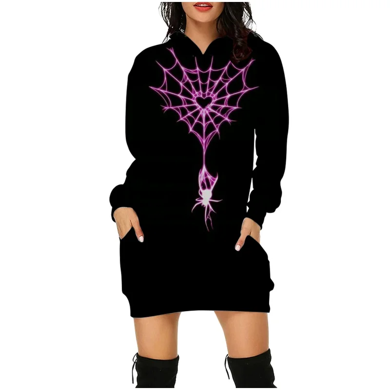 Y2k Purple Spider Web Hoodie Sweatshirt Dress Autumn Women Long Sleeve Hoodie  Fashion Halloween Oversize Hooded Pullover Dress