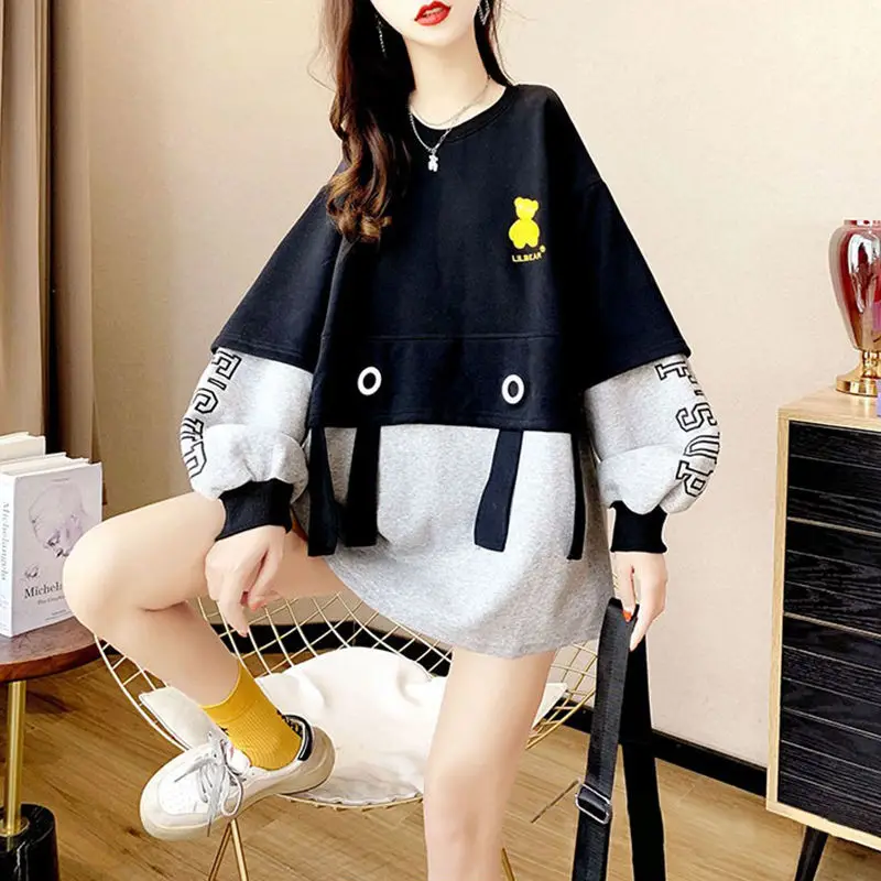 Spring Autumn New Korean Patchwork O-neck Long Sleeve Sweatshirts Women Clothes Loose All-match Printing Mid Length Top T-Shirts