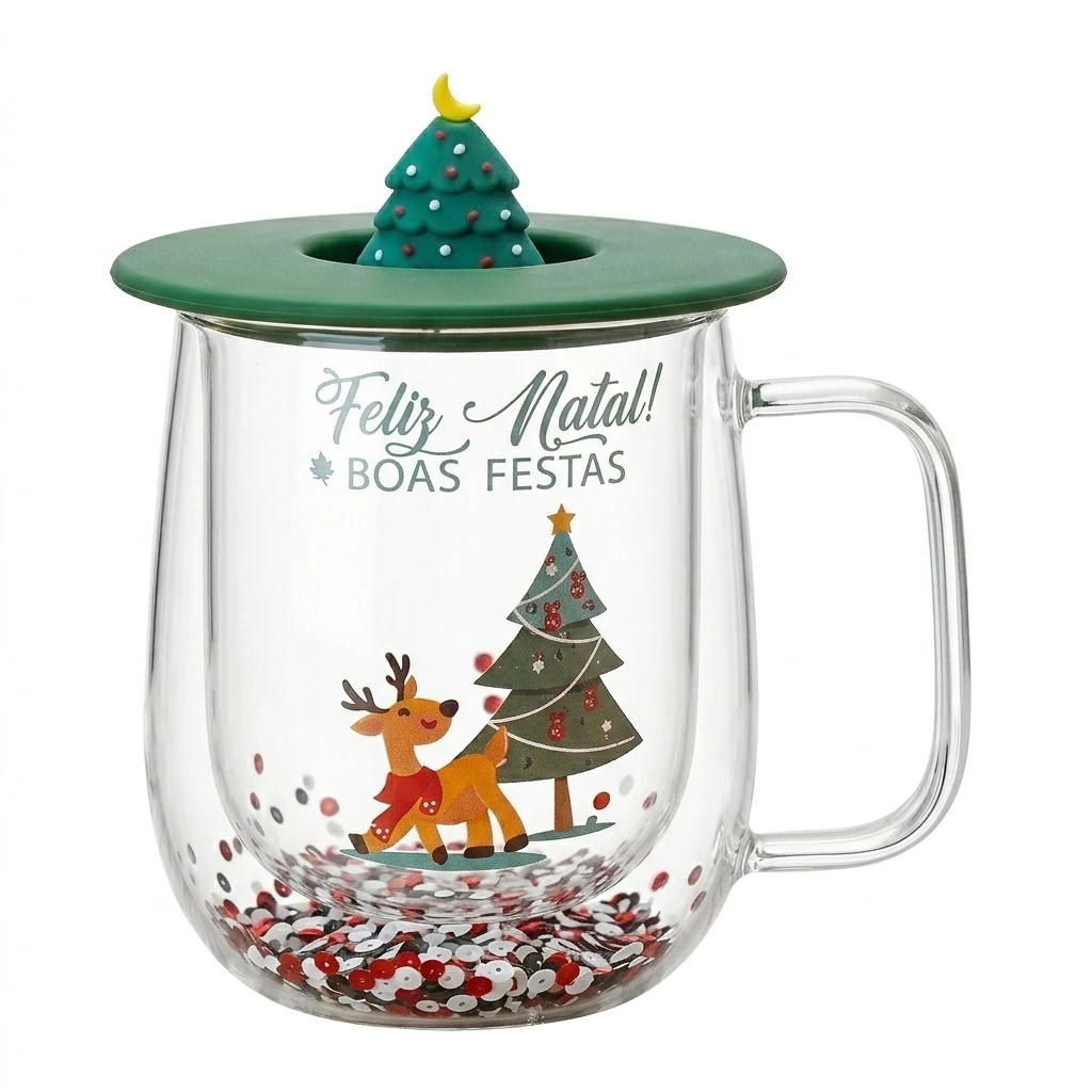 Christmas Double Wall Glass Mug With Handle, Cute Reindeer X‑mas Tree Print Glitter Bottom Coffee Cup, Heat‑resistant High Boros
