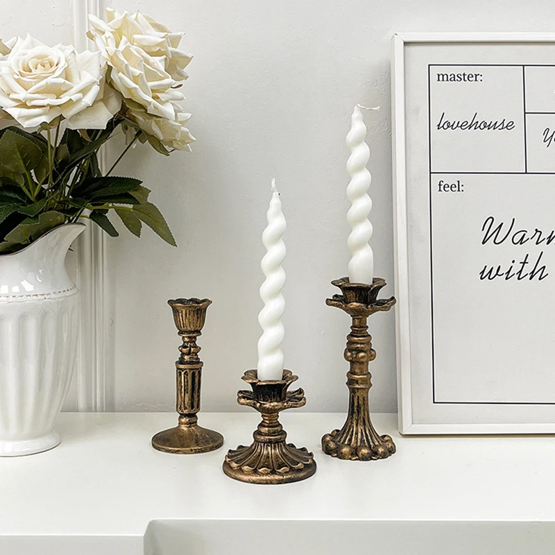 Vintage Bronze Candlestick Figurine Antique Floral Taper Holder For Sabbath Dinner French Dining Table Fireplace Home Decor