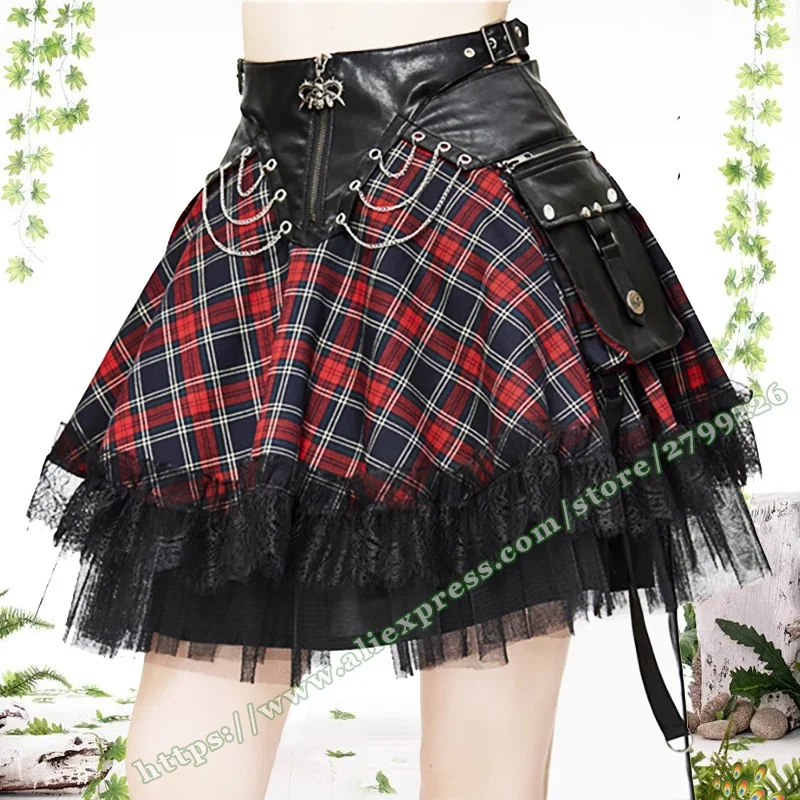2024 Red Plaid A-Line Gothic Short Skirt Street Rock Punk Y2K Subculture Chain Rivet Streetwear for Women Mini Skirts