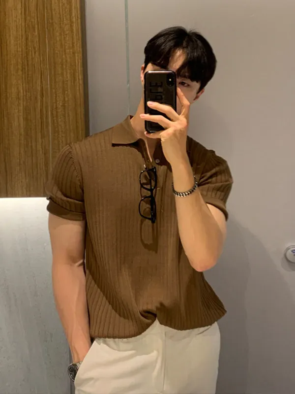 

Summer Thin Color Shirt Short Sleeve Men's Korean Style Casual Knitted Top Versatile T-Shirt Breathable Casual Wear