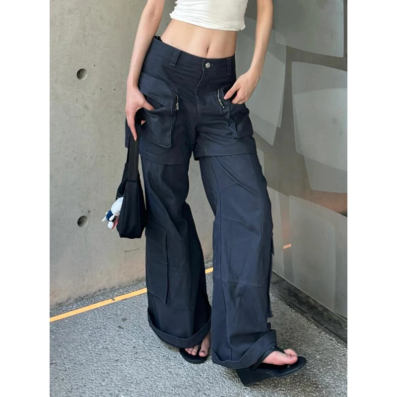 

PBAP винтажные однотонные джинсы-карго с несколькими карманами, женские свободные повседневные широкие джинсовые прямые брюки с несколькими карманами, серая летняя одежда