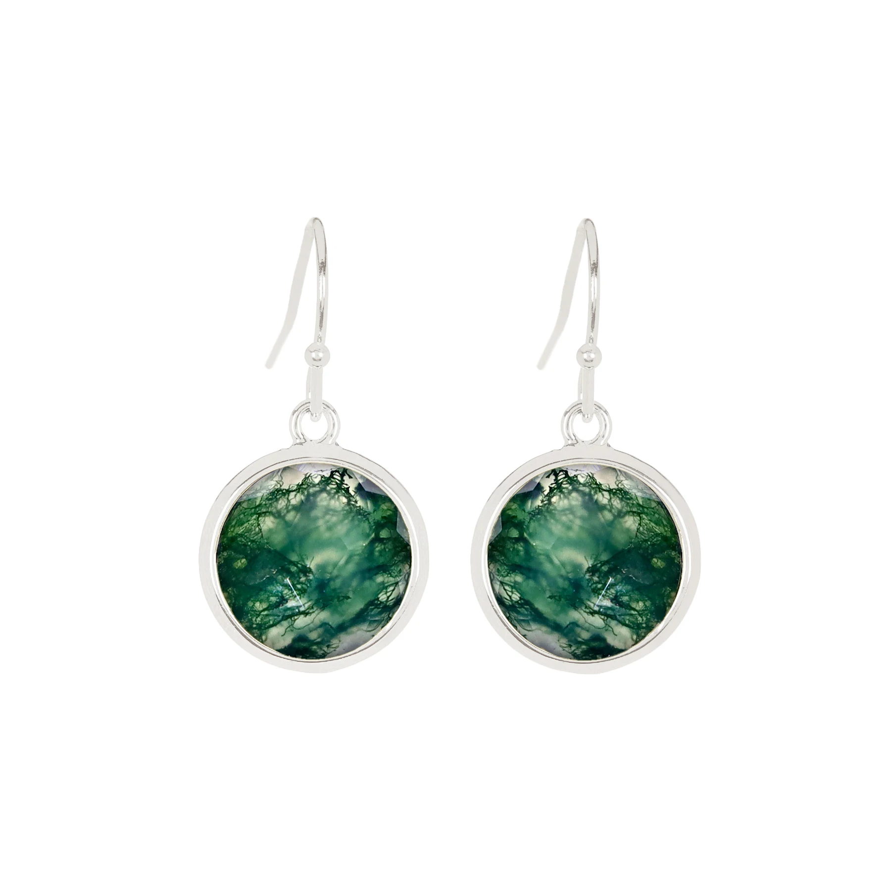 Natural Moss Agate Fancy Cut Round Drop Earrings 925 Sterling Silver Plated Gemstone Jewelry for Women Gift