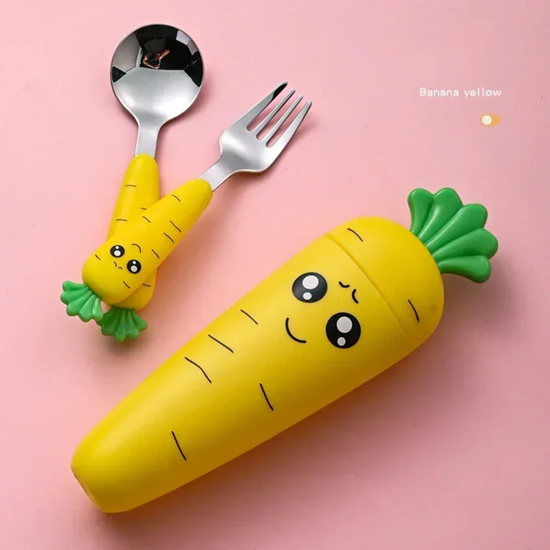 Cute Spoon Fork Tableware Children Carrots Feeding Vegetable Teaspoon Forks Flatware Kids Training Stainless Steel Dinnerware