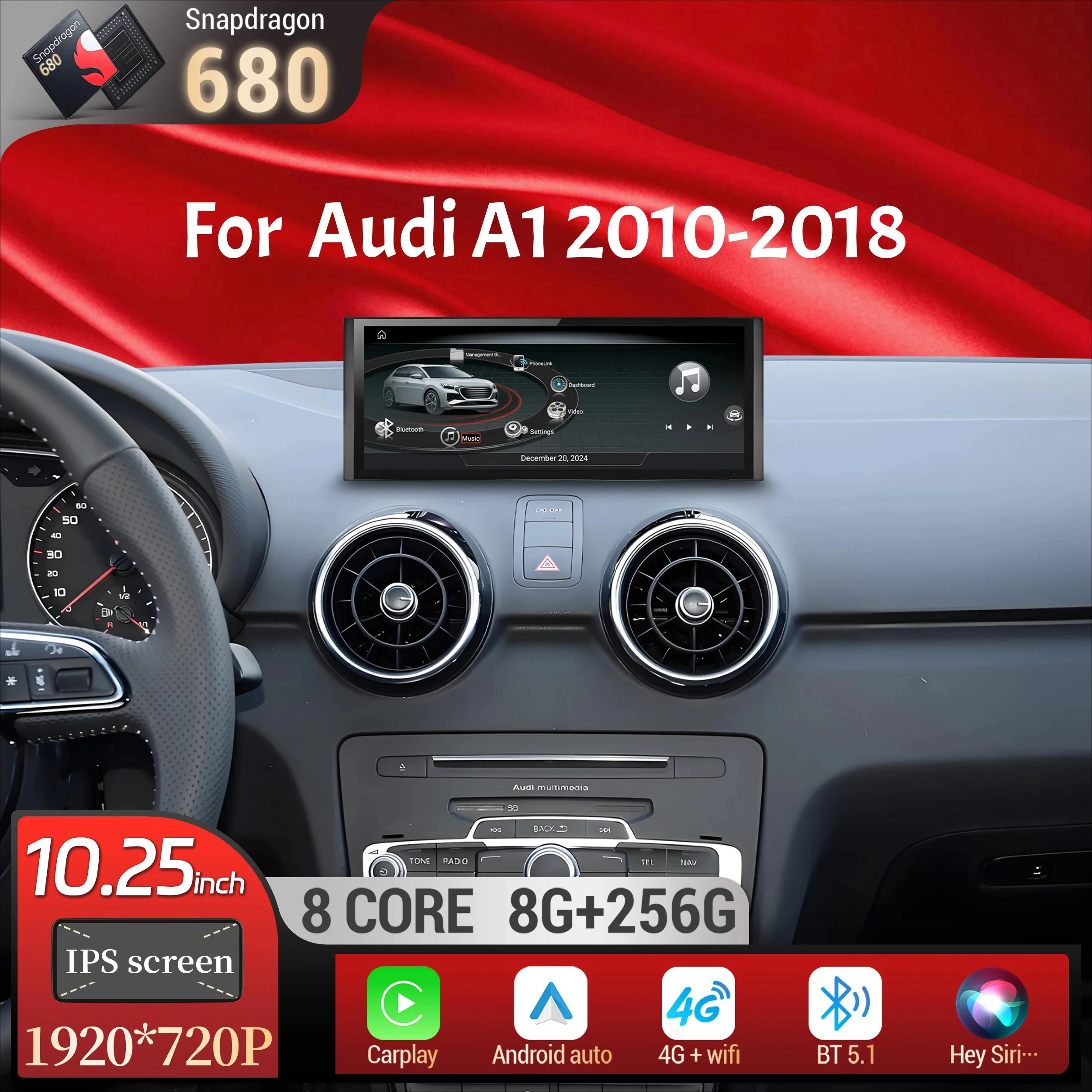 

10.25 inch Android 14 For Audi A1 2010-2018 Car Radio Wireless Bluetooth Carplay Head Unit Qualcomm Snapdragon 680 Touch Screen