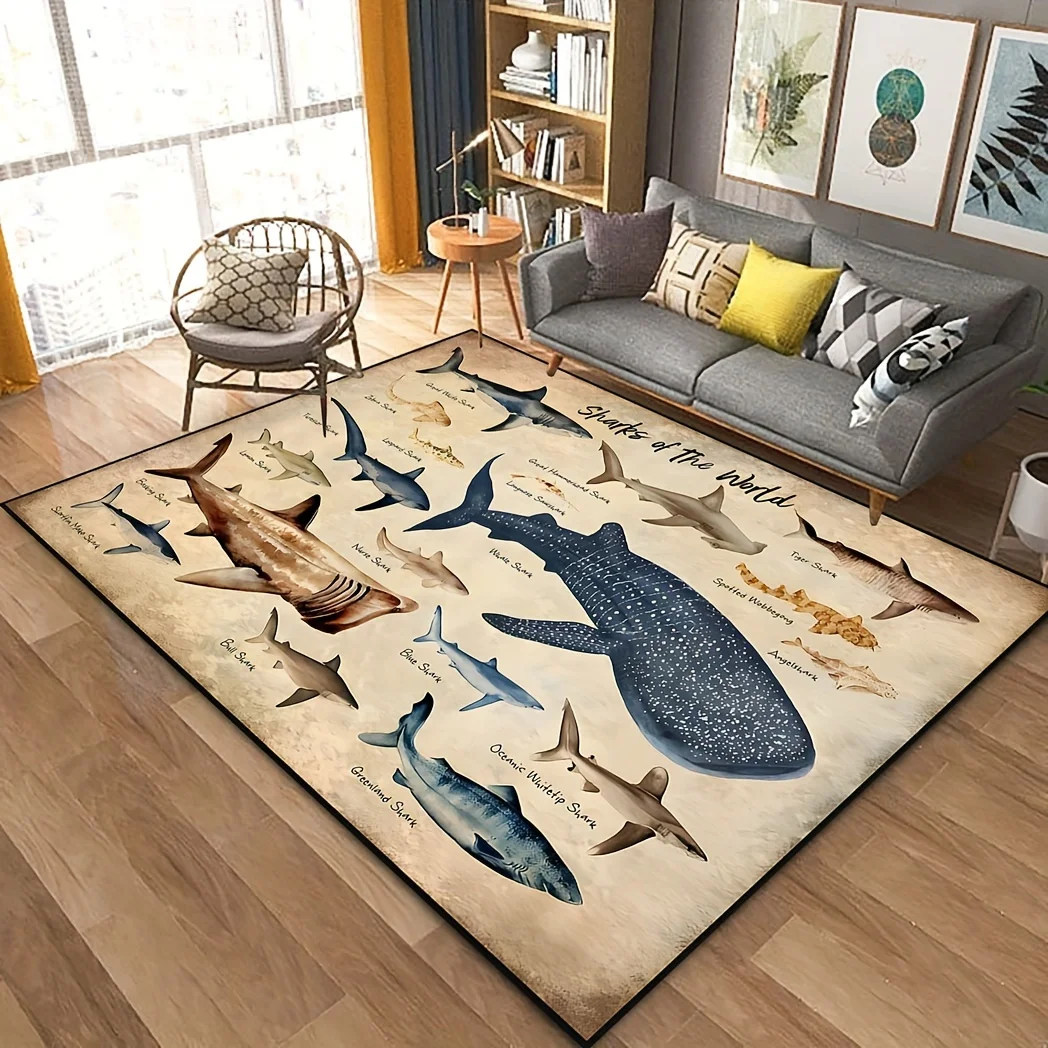 1pc 2D Flat Vintage Shark Species Chart Printed Floor Mat, Decorative Rug for Living Room, Bedroom, Home