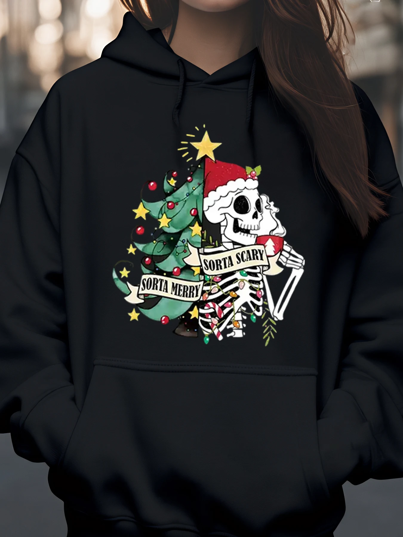 

Скелет Рождественская елка Sorta Merry Sorta Страшная толстовка с капюшоном Праздничная вечеринка Женская повседневная одежда
