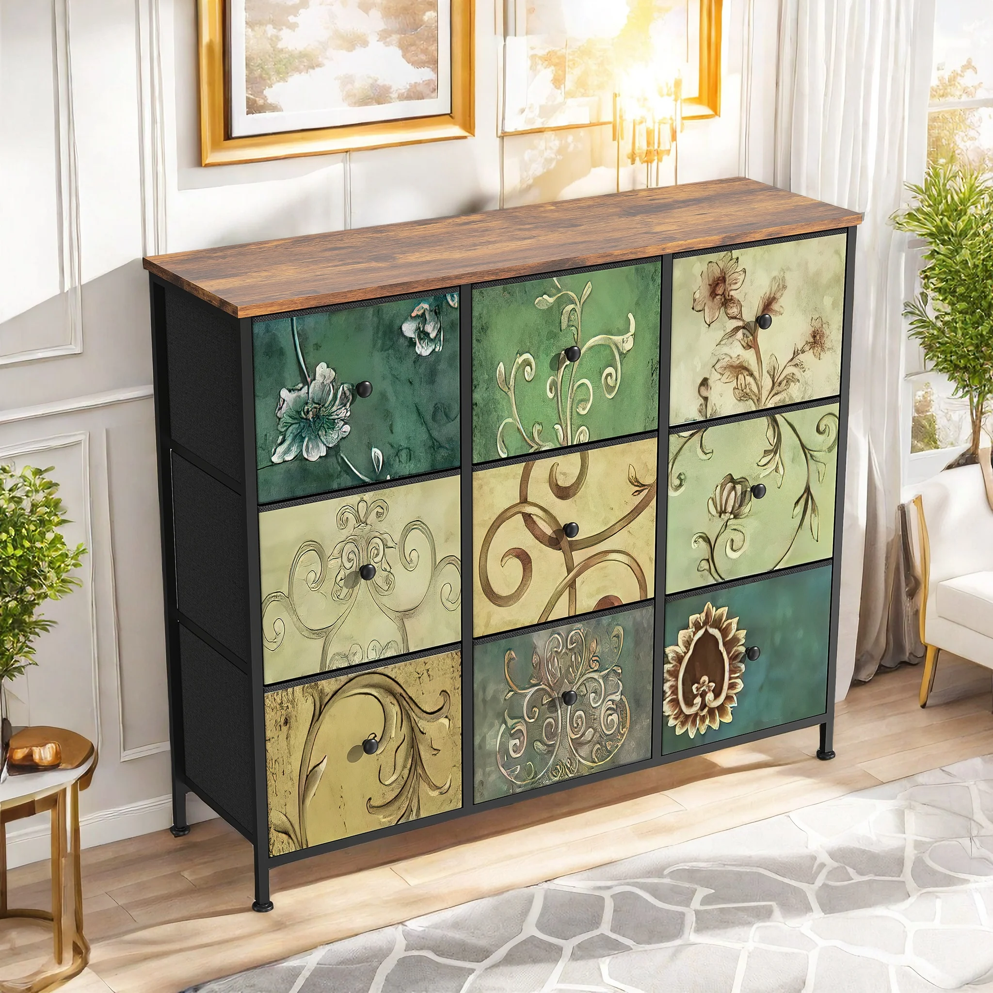 Comanlai Wohnzimmerschrank, Vintage-Stil Kommode mit Stoffschubladen, Metallrahmen mit Holzoberfläche, Aufbewahrungsschrank