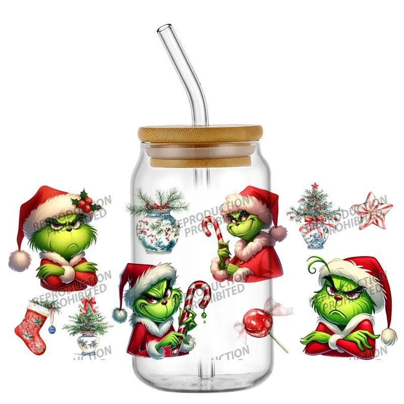 Christmas Cartoon Green character UV DTF Cup Wrap Waterproof Transfer Sticker for 16oz Libbey Glass Can DIY Xmas Gift Decor