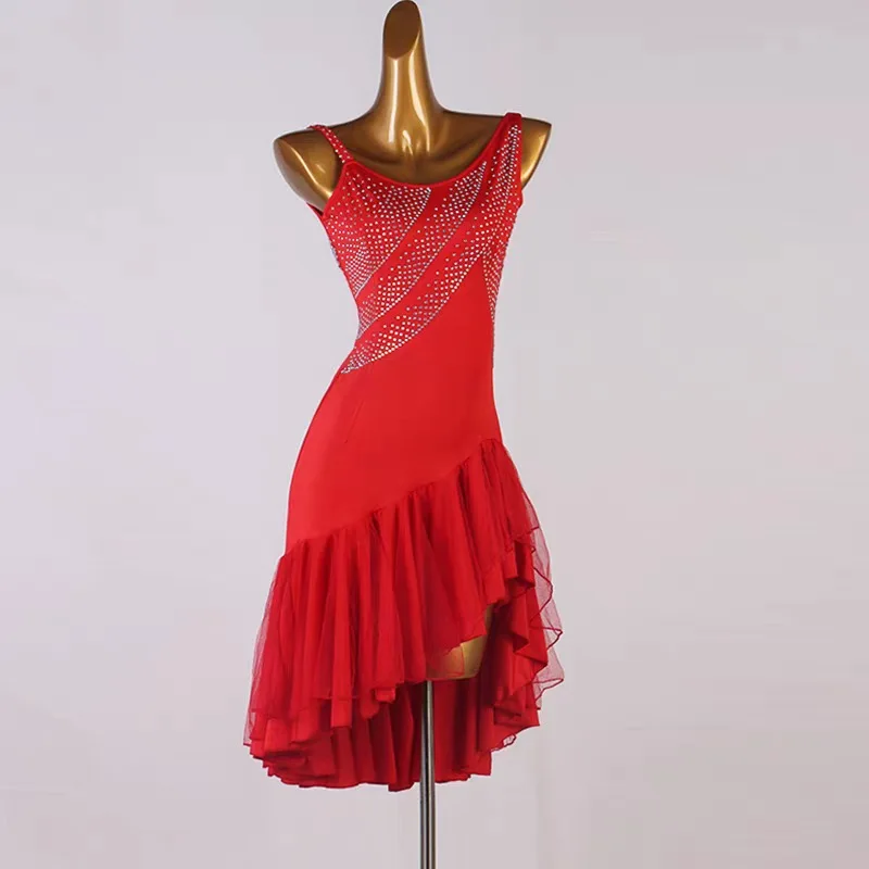 Jupe de danse de compétition latine pour femmes, élégante avec diamants, vêtements de danse latine Standard, robe de danse Rumba Chacha Samba pour adultes