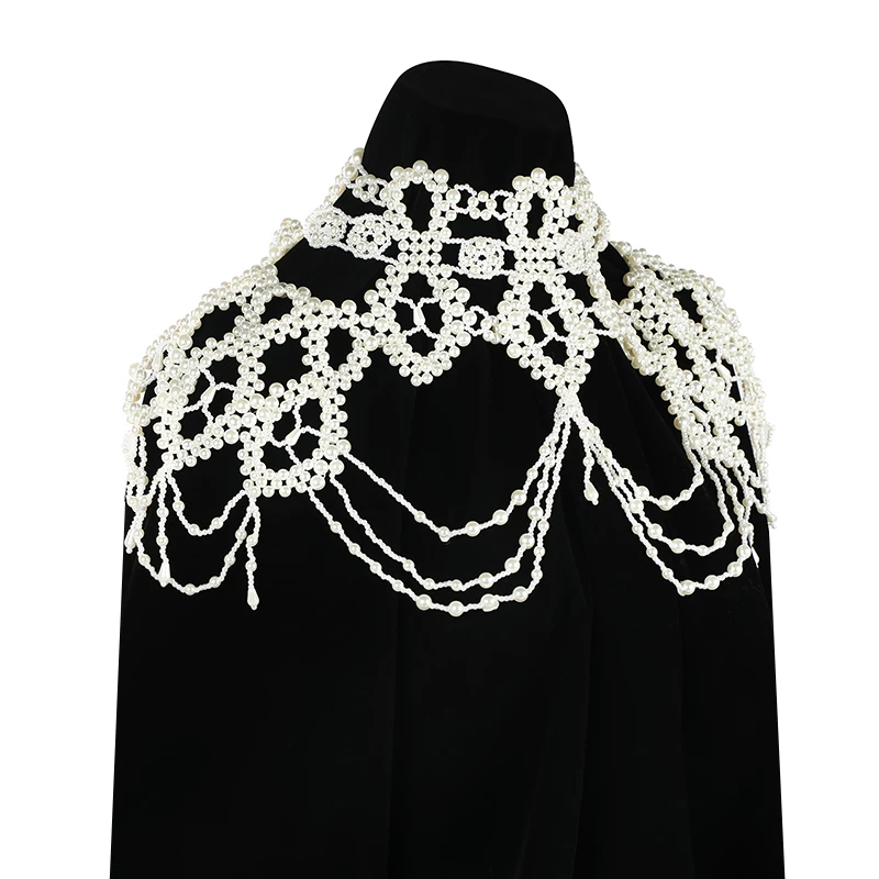 Vintage Bride pPearl Shoulder Chain Jewelry Hollow Out Hand Woven Body Chain for Women Imitation Pearl Necklace