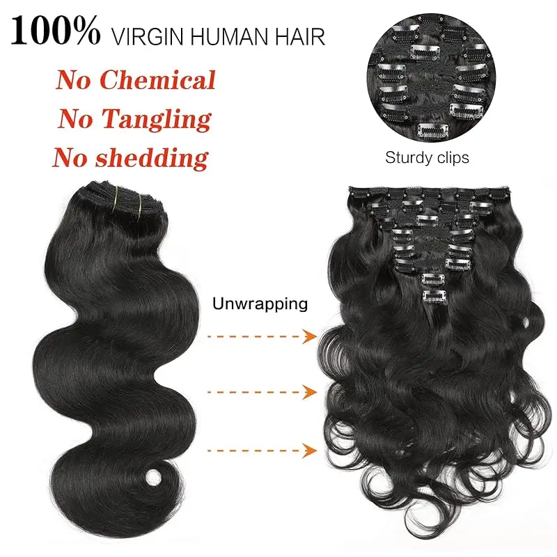 Extensões brasileiras do cabelo humano do Virgin, grampo da onda do corpo Ins, cabelo 100% do Virgin, 120 Gram, 8 PCs/Set, 10-26 dentro