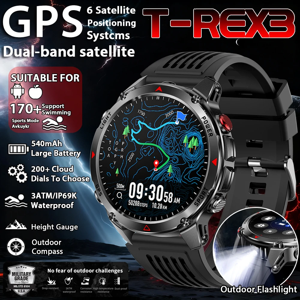 

2025 New Military GPS Six-star Positioning SmartWatch Men Run RIDE Fitness Compass Tracker 3ATM Waterproof BT call Sports Watch