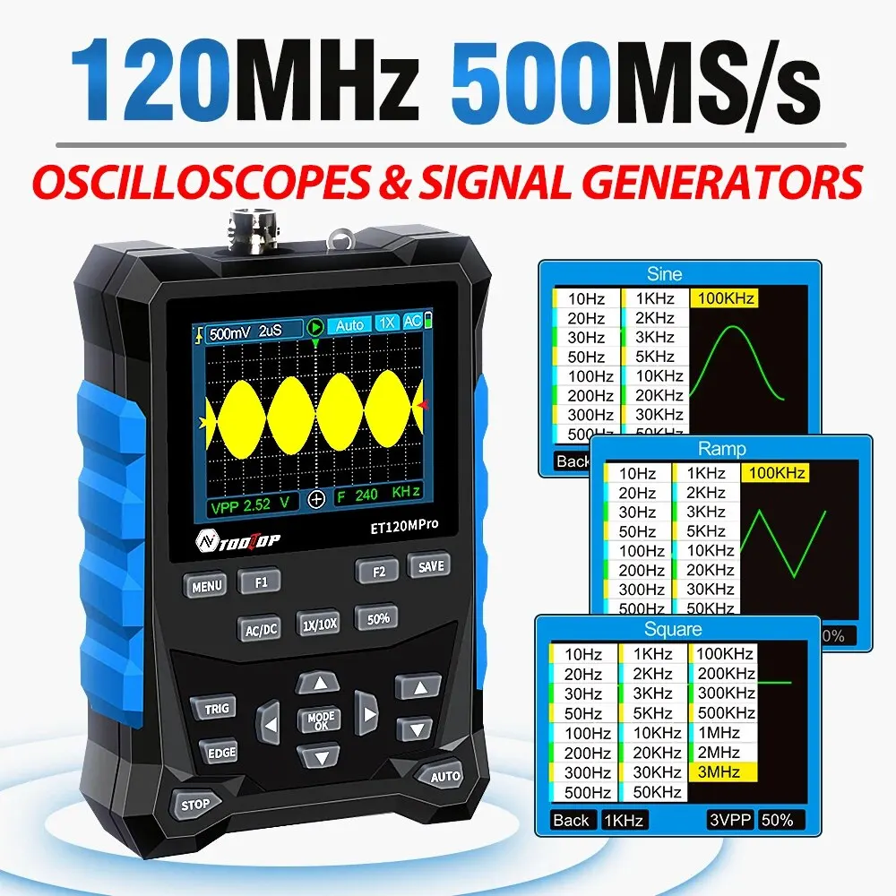 TOOLTOP ET120MPro Portable 120MHz 500MS/s Digital Oscilloscope 3MHz Signal Sources 2 in 1 Automotive Osciloscópio DIY Tools