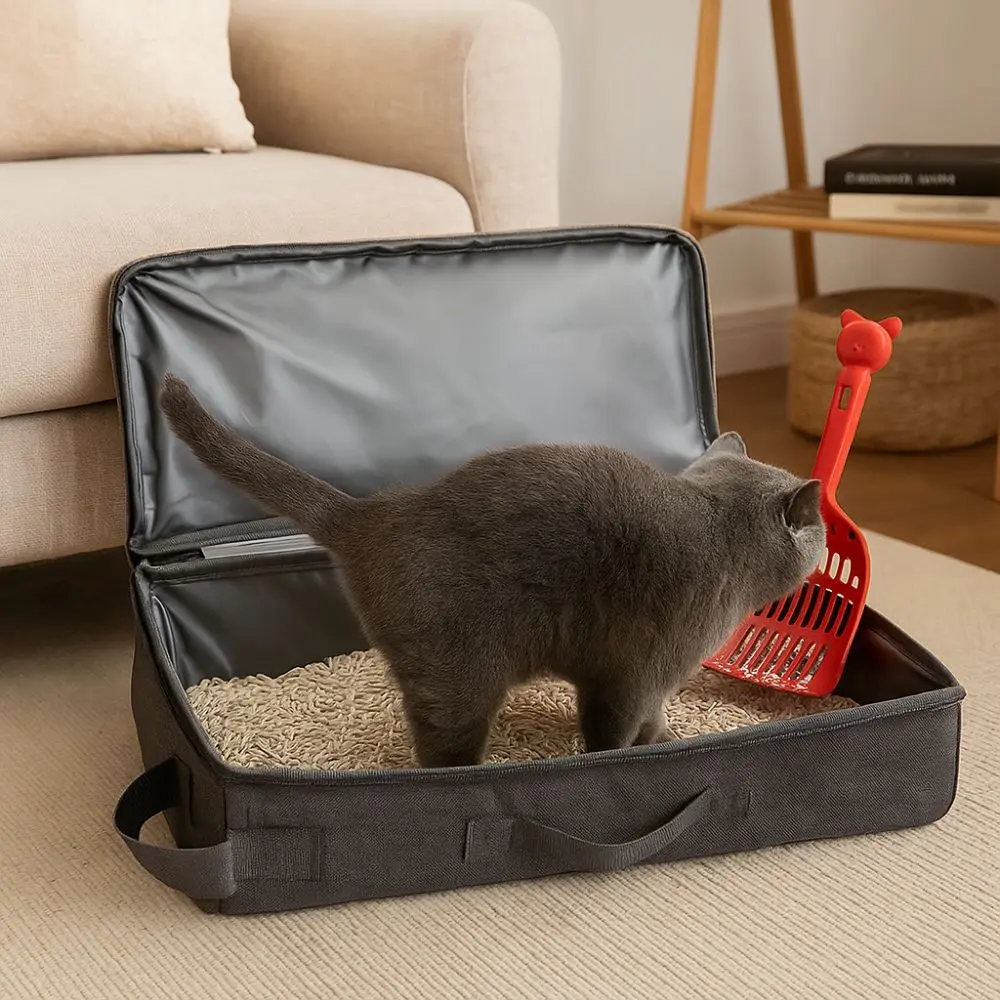 

Oxford Cloth Foldable Cat Litter Box Waterproof Large Capacity Travel Litter Pan Rectangular with Shovel Mobile Cat Toilet