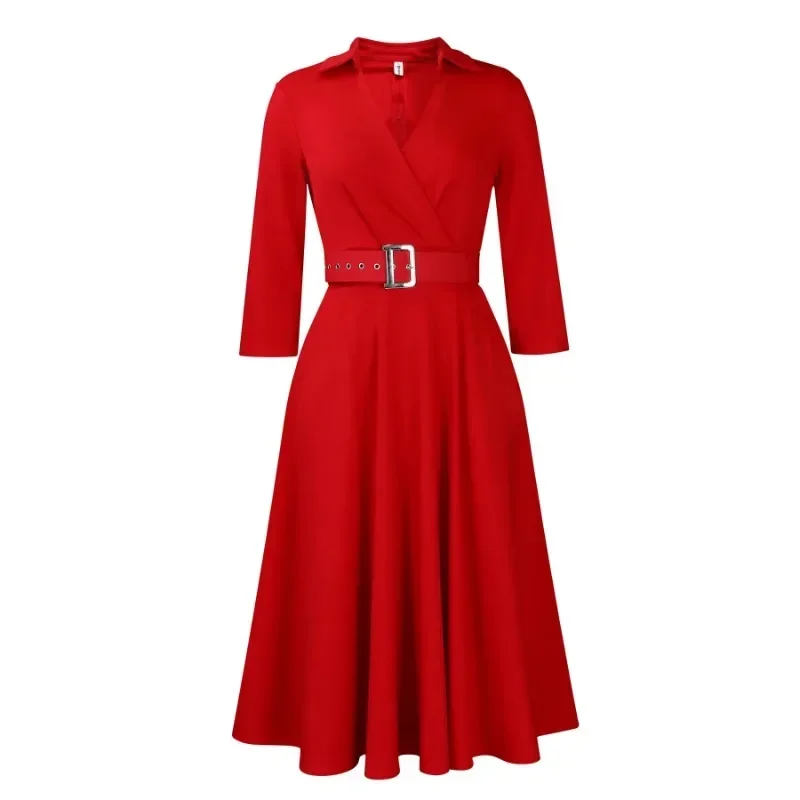 Autumn Winter Fashion High Waist A-line Dress African Women Elegant Solid OL V-neck Belt A-line Dress Women