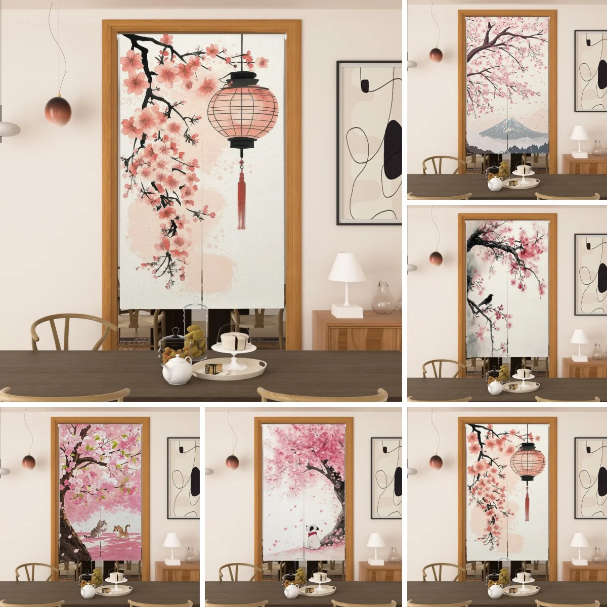 Image of Japanischer Türvorhang mit Kirschblüten-Druck, Raumteiler, Sichtschutz für Wohnzimmer, Schlafzimmer, dekorative hängende Halbvorhänge