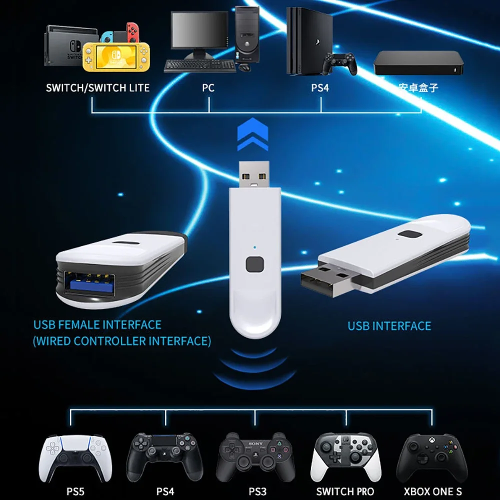 Penerima USB Adaptor Gamepad Nirkabel Bluetooth untuk PS3/PS4/PS5/XBOX ONE S/SWITCH Pro Pengendali Dongle Konsol Mendukung Android