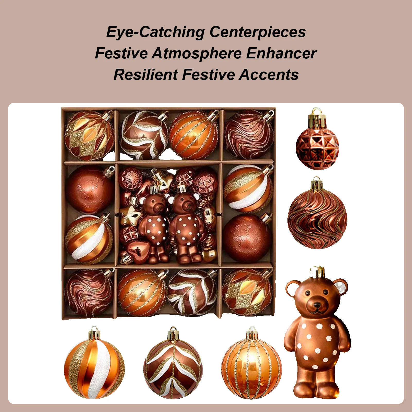 46 Pcs Brown Christmas Ornaments Shatterproof Christmas Balls Tree Decorations Assorted Sizes Textured Baubles for Home Party