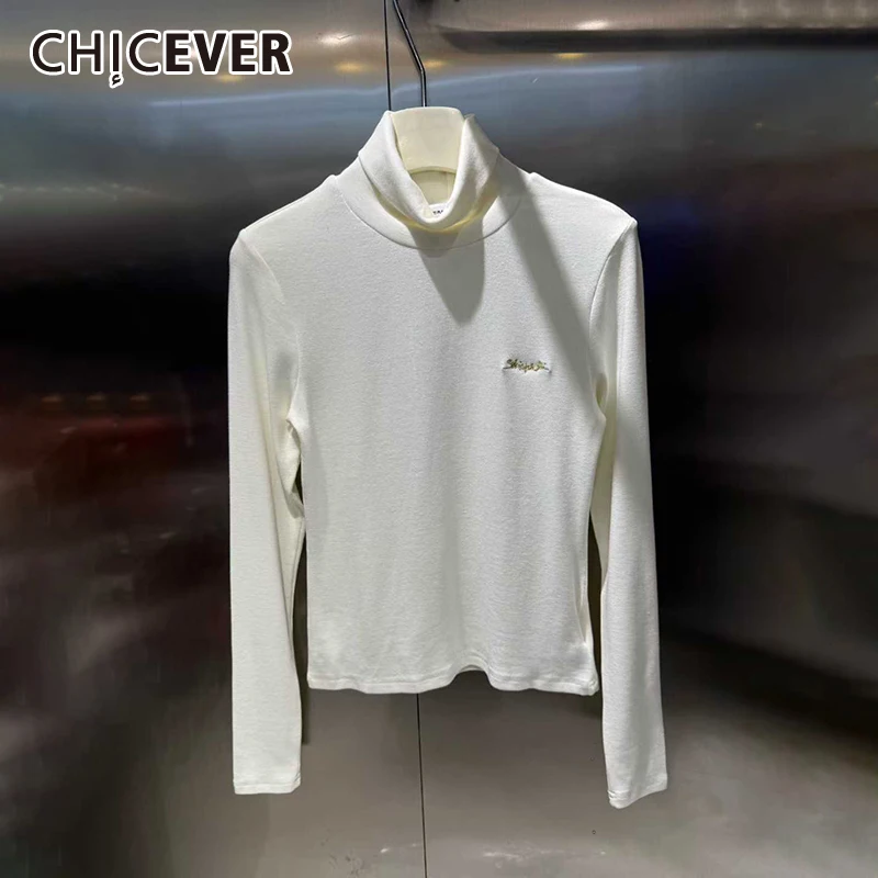 

CHIEVER Solid Spliced Embroidery T Shirt Female Turtleneck Long Sleeve Loose Minimalist Casual Women's T Shirts Autumn Fashion