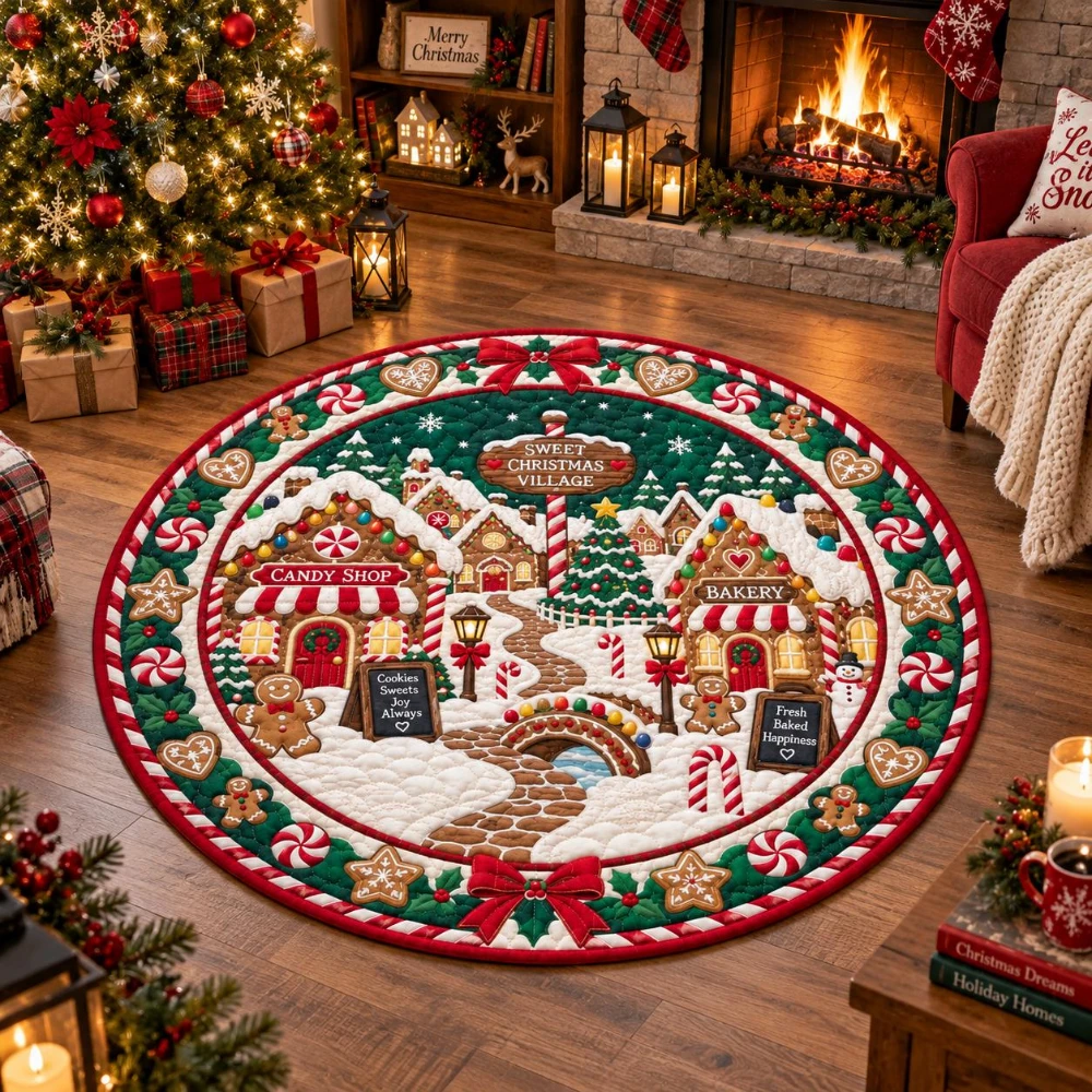 3D Gingerbread House Christmas Tree Circular Rug Holiday Train Festive Area Carpet Washable Floor Mat Xmas Party Props 2D print